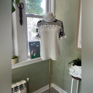 White with mesh and floral embroidered blouse